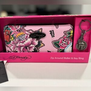 Ed Hardy Pink Zip Around Wallet & Key Ring